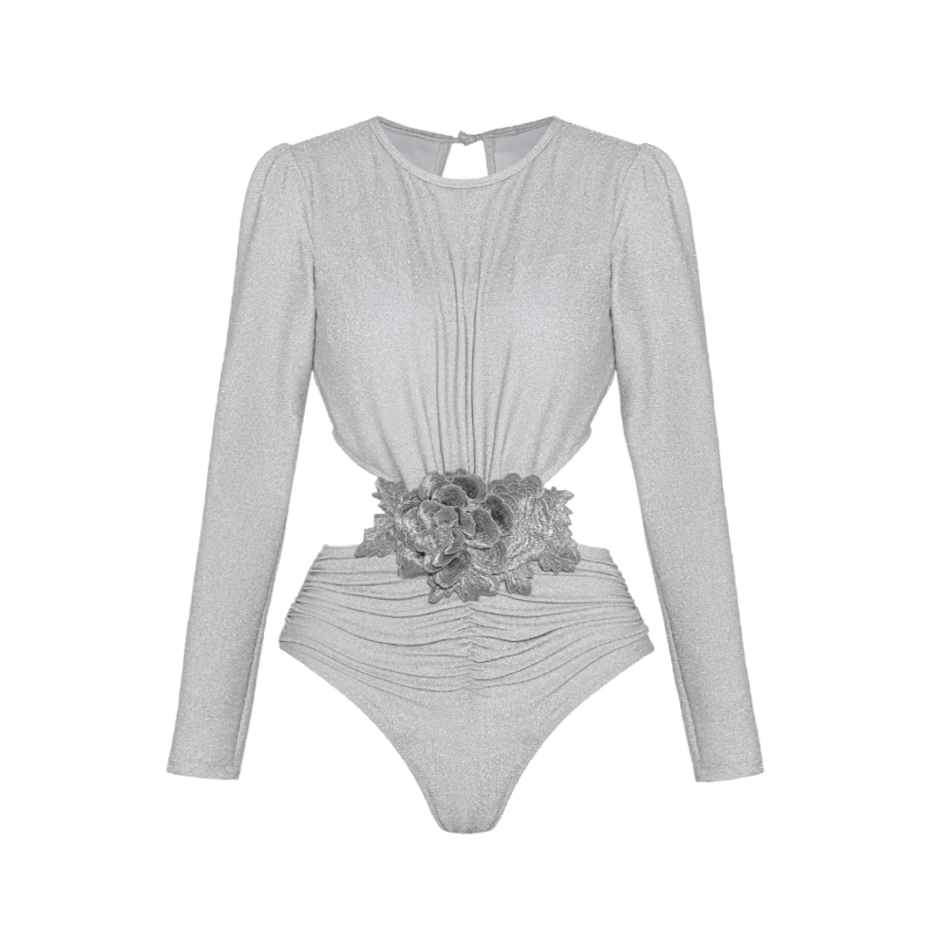 Silver Embroidered Long Sleeves Cutout Swimsuit and Sarong