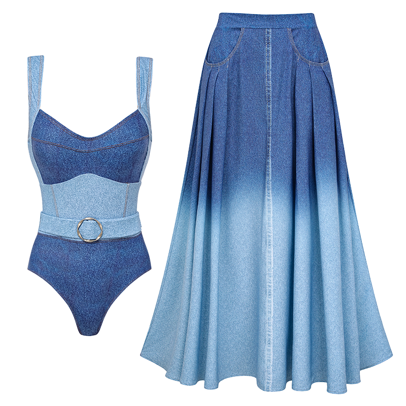 Sling Denim Pattern Print One Piece Swimsuit and Skirt