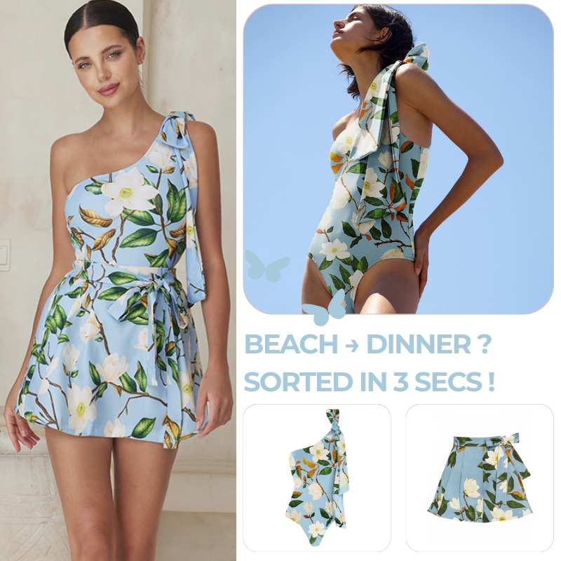 Magnolia Printed One Shoulder One Piece Swimsuit and Skirt