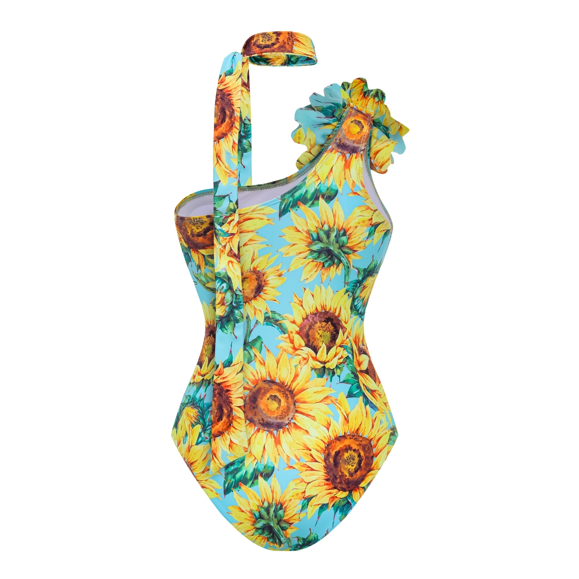 3D Sunflower Print One Shoulder One Piece Swimsuit and Skirt