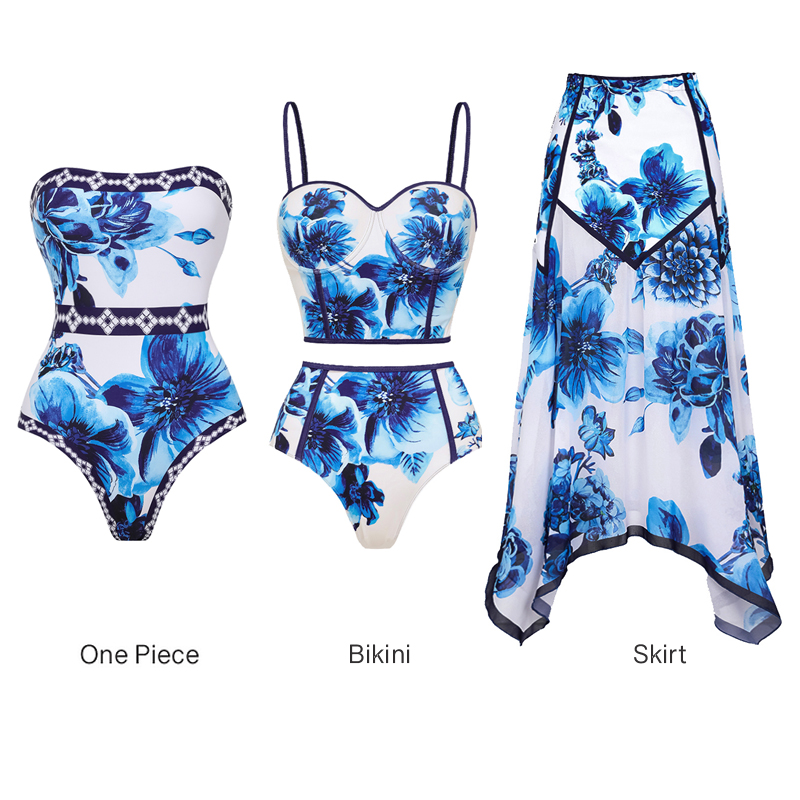 Floral Series Pattern Print Bikini Swimsuit and Skirt