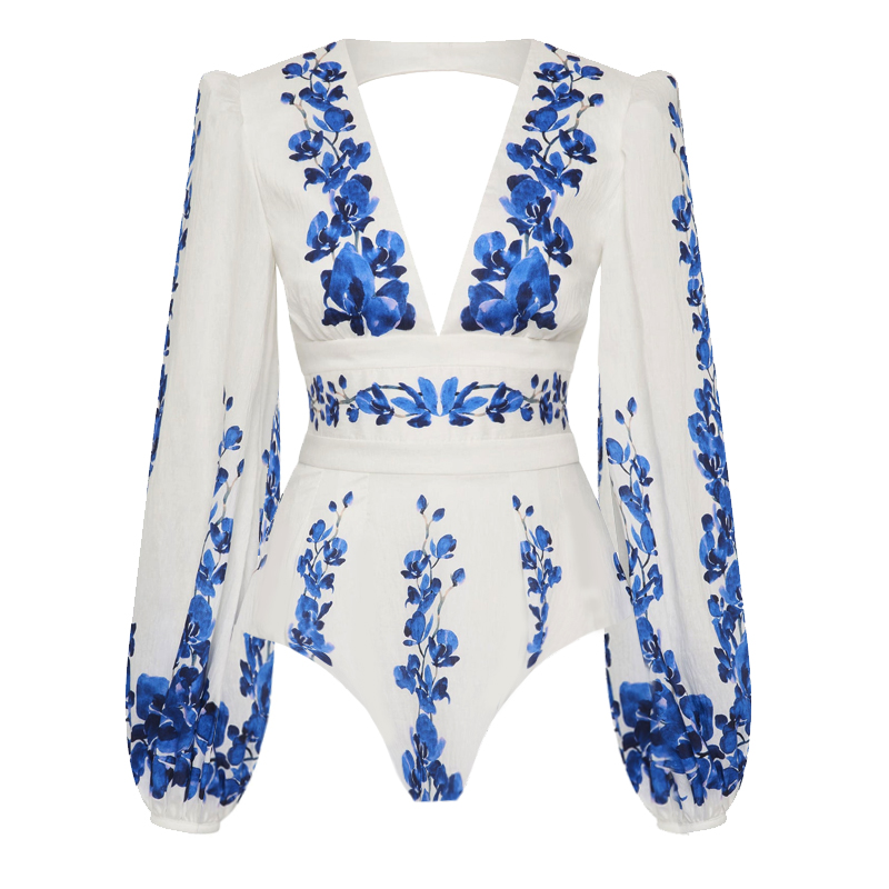 Printed Long Sleeve One Piece Swimsuit and Skirt