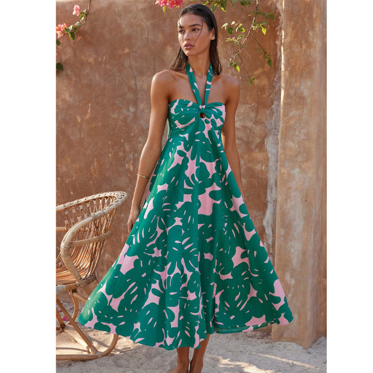 Halter Backless Printed Strapless  A-Line Dress