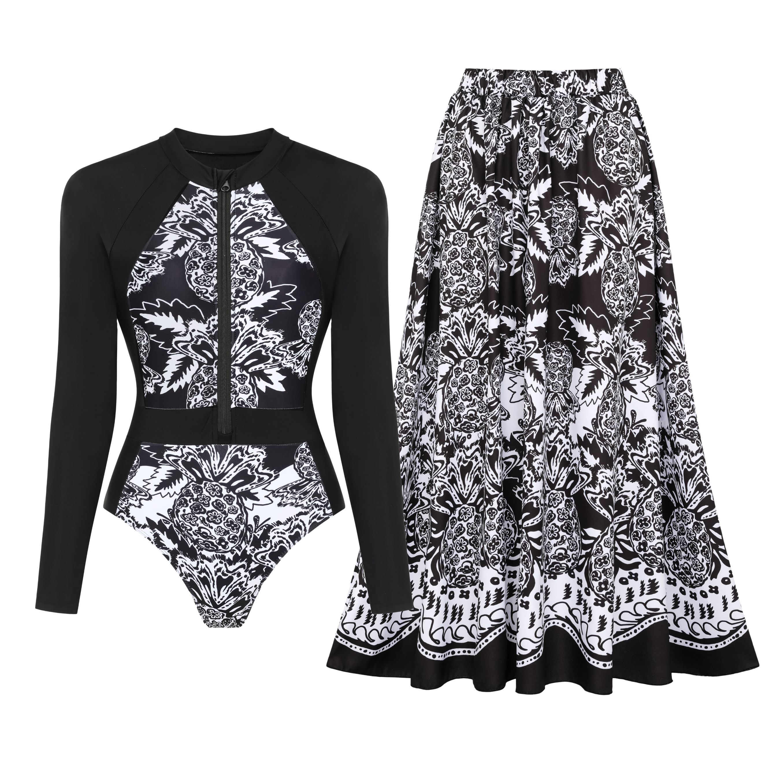 Color Block Printed Long Sleeve One Piece Surf Swimsuit and Skirt