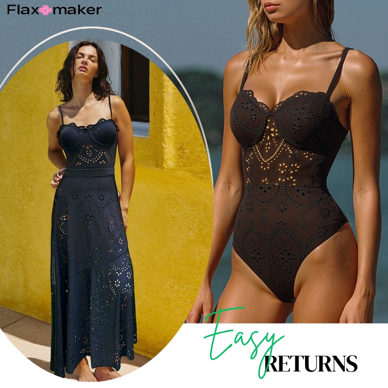 Black Laser Cut Hollow One Piece Swimsuit and Skirt