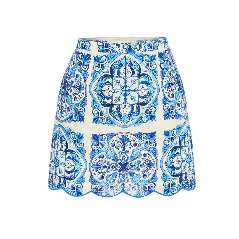 Button Decoration Vintage Print One Piece Swimsuit and Skirt