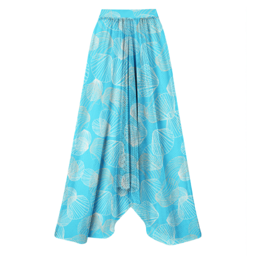 Mesh Splicing Long-sleeved Shell Print One Piece Swimsuit and Skirt