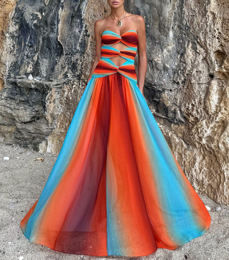 Blue-Orange Gradient Hollow One Piece Swimsuit and Skirt