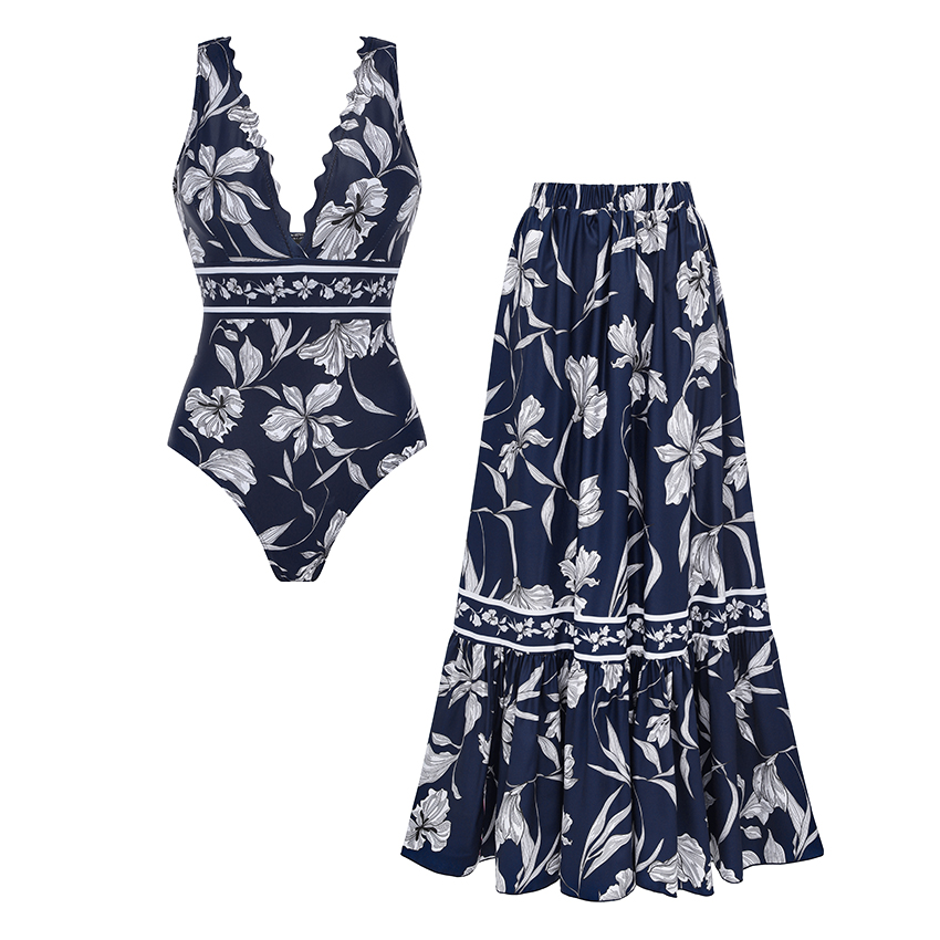 [Copy]V Neck Ruffle Green Retro Printed Swimsuit Set(s)