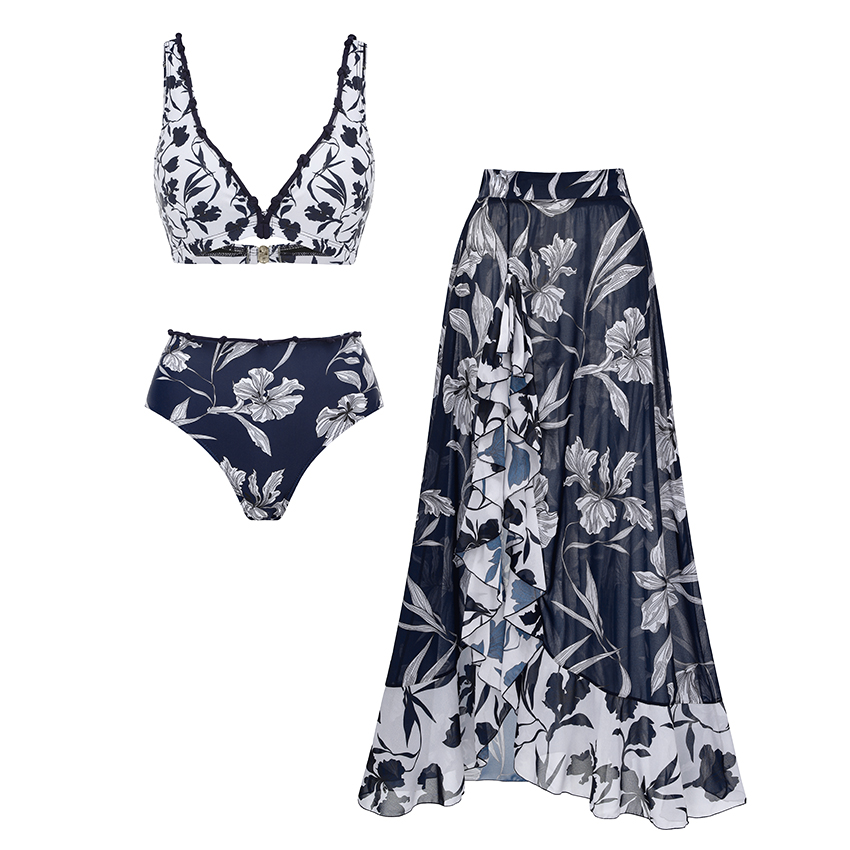 [Copy][Copy][Copy][Copy]V Neck Ruffle Green Retro Printed Swimsuit Set(s)