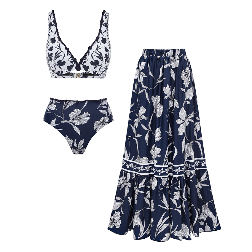 [Copy][Copy][Copy][Copy]V Neck Ruffle Green Retro Printed Swimsuit Set(s)