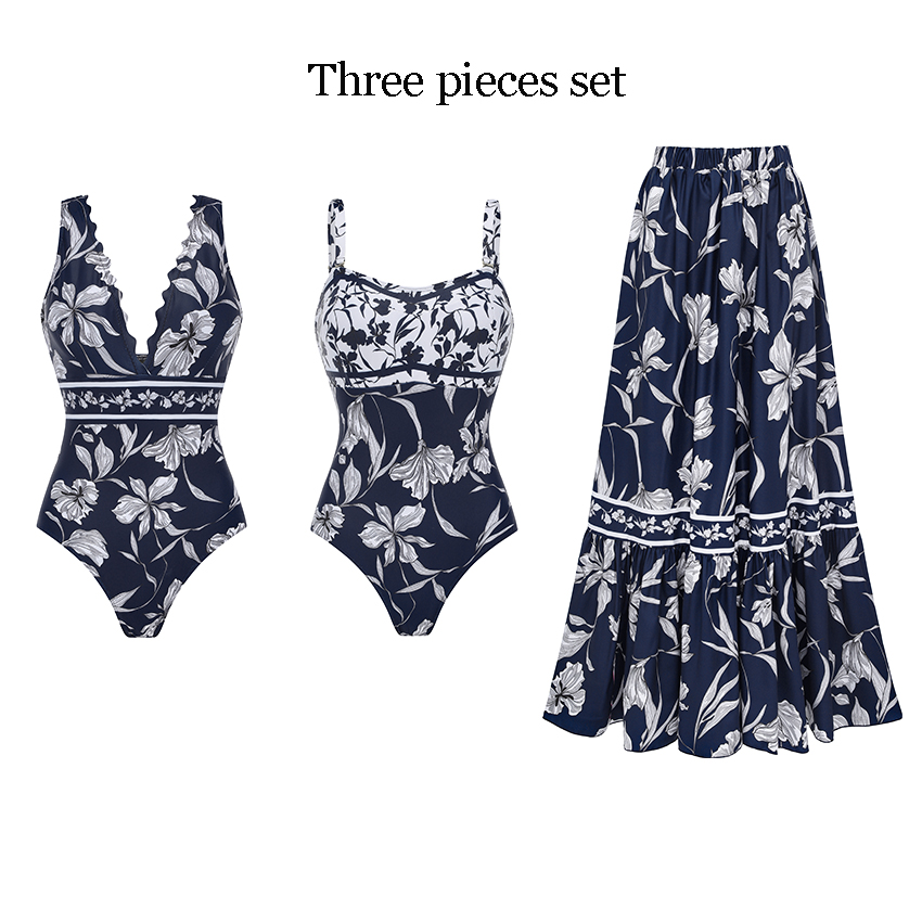 [Copy]V Neck Ruffle Green Retro Printed Swimsuit Set(s)