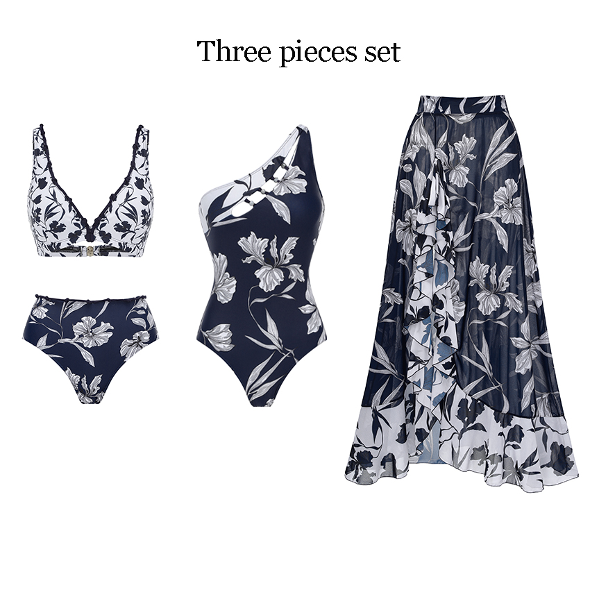 [Copy][Copy][Copy][Copy]V Neck Ruffle Green Retro Printed Swimsuit Set(s)