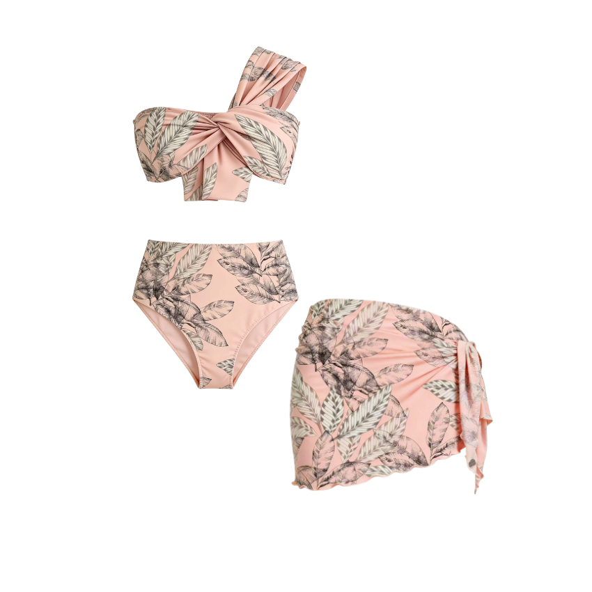 [Copy][Copy][Copy]Color-Blocked Blooming Flower Print Swimsuit Set(s)