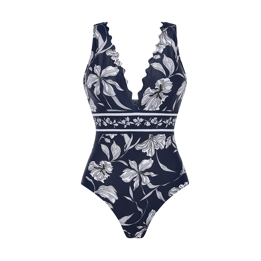 [Copy]V Neck Ruffle Green Retro Printed Swimsuit Set(s)
