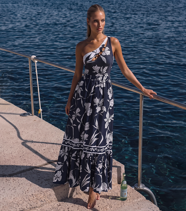 One Shoulder Cut Out Iris Printed Swimsuit Set(s)