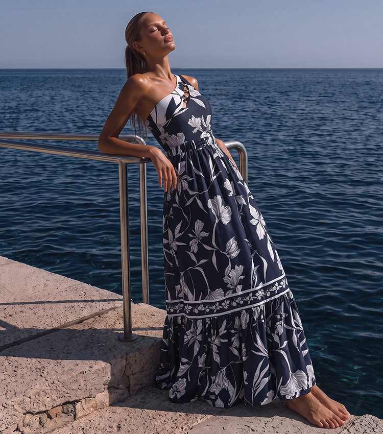 One Shoulder Cut Out Iris Printed Swimsuit Set(s)