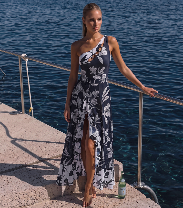 One Shoulder Cut Out Iris Printed Swimsuit Set(s)