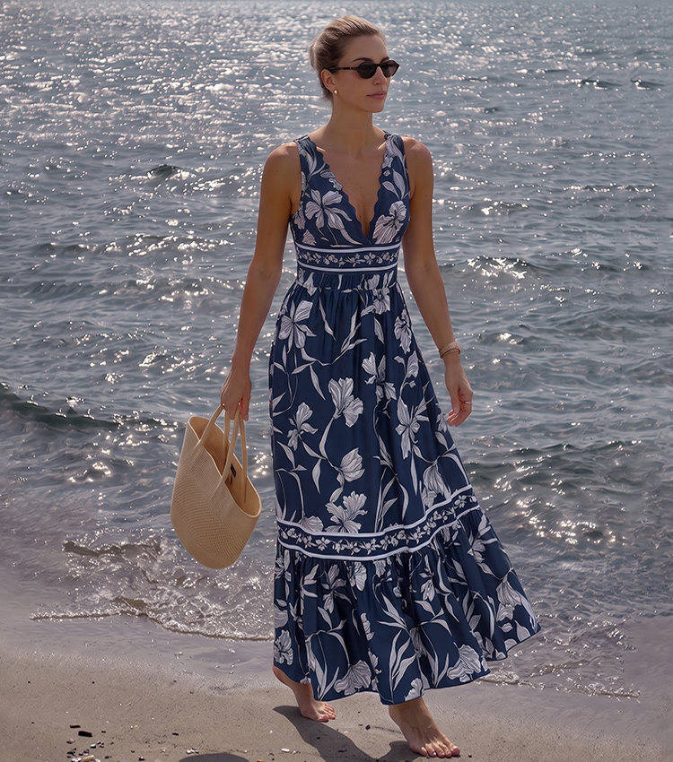 V Neck Scalloped Edge Blue Printed Swimsuit Set(s)