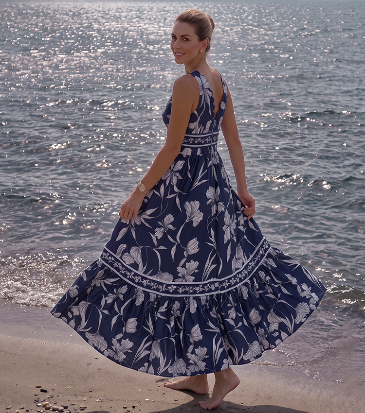 V Neck Scalloped Edge Blue Printed Swimsuit Set(s)