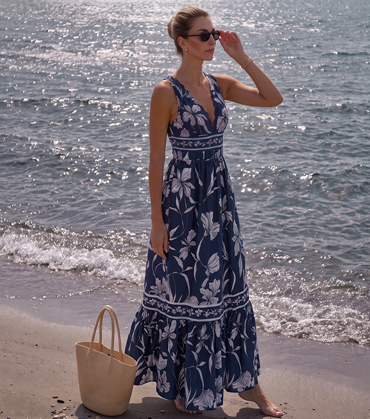 V Neck Scalloped Edge Blue Printed Swimsuit Set(s)