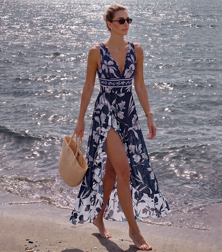 V Neck Scalloped Edge Blue Printed Swimsuit Set(s)