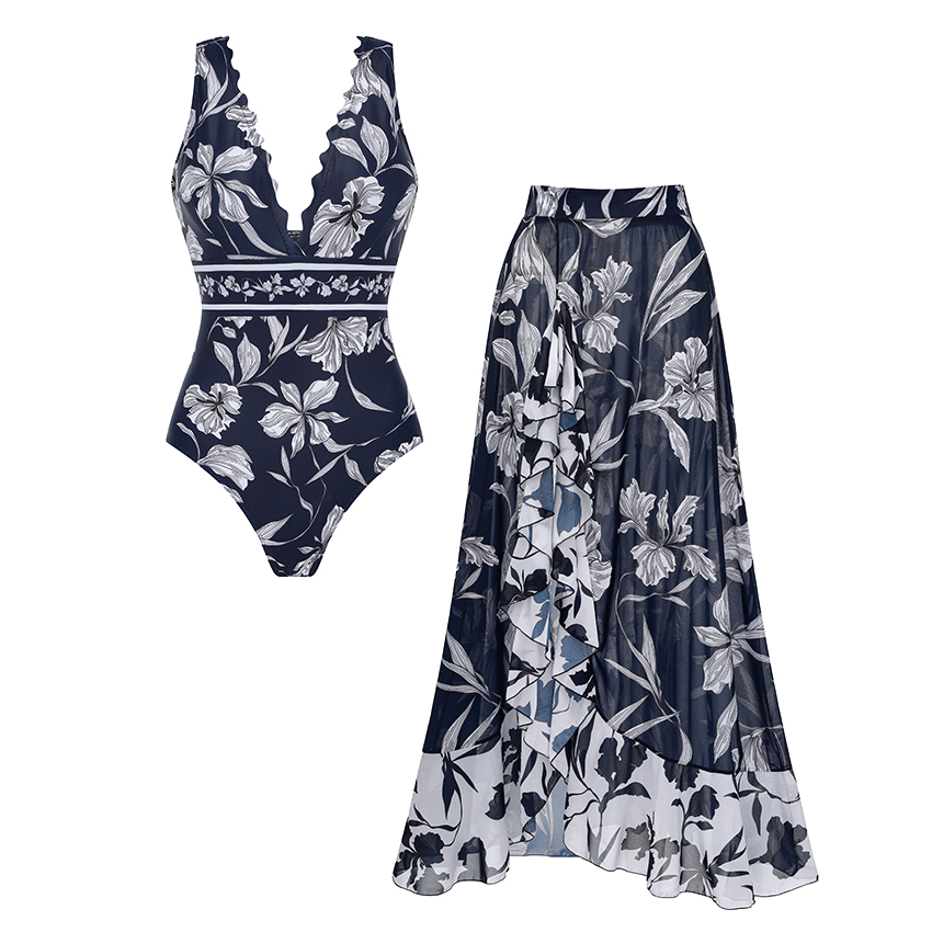 [Copy]V Neck Ruffle Green Retro Printed Swimsuit Set(s)