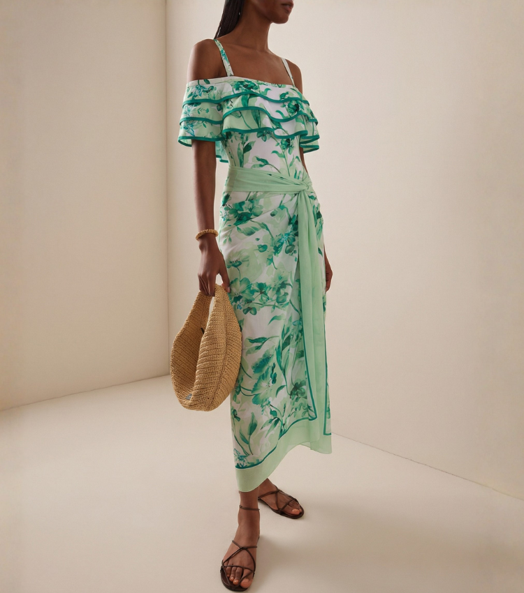 Green Loral Rint Tiered Ruffle Off-The-Shoulder Swimsuit Set(s)