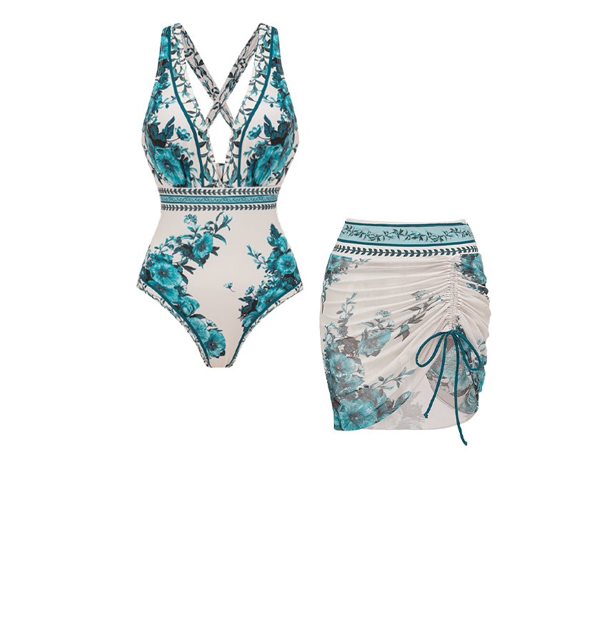V Neck Dark Cyan Botanical Flower Print Swimsuit Set(s)