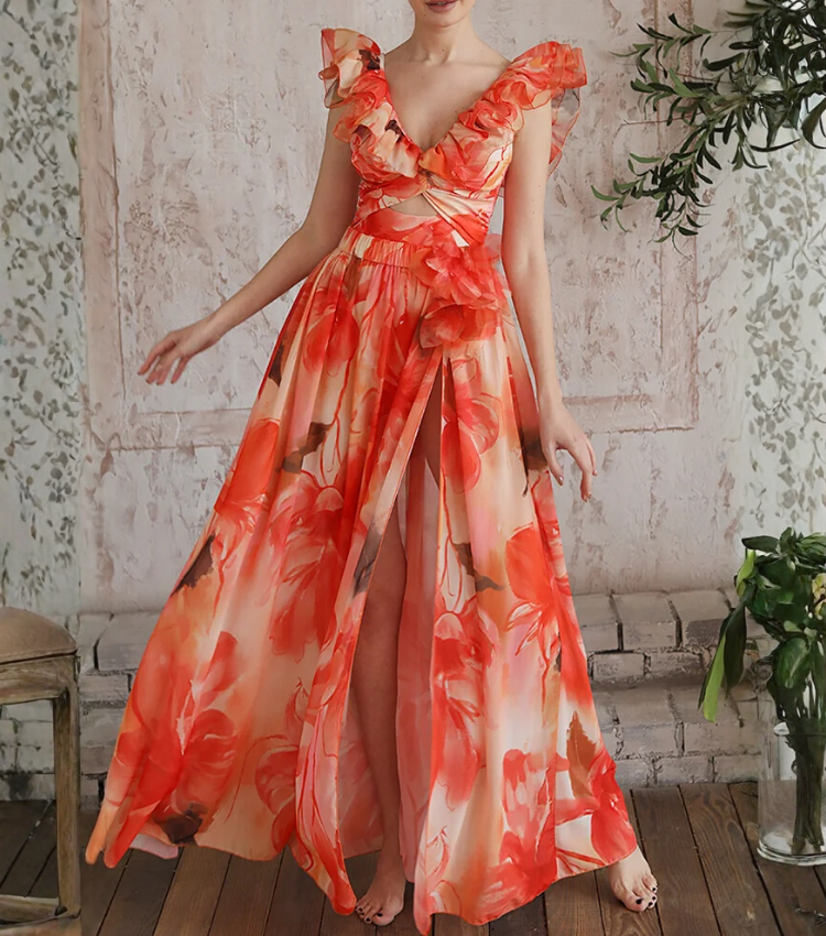 Ruffle Shoulder Flower Print One Piece Swimsuit and Skirt