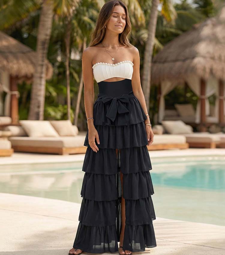 Off Shoulder Artificial Pearl Decor White One Piece Swimsuit and Skirt