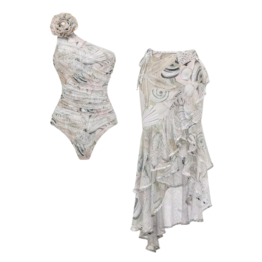 [Copy][Copy][Copy]Seashell Color Blocking Floral Print Swimsuit Set(s)