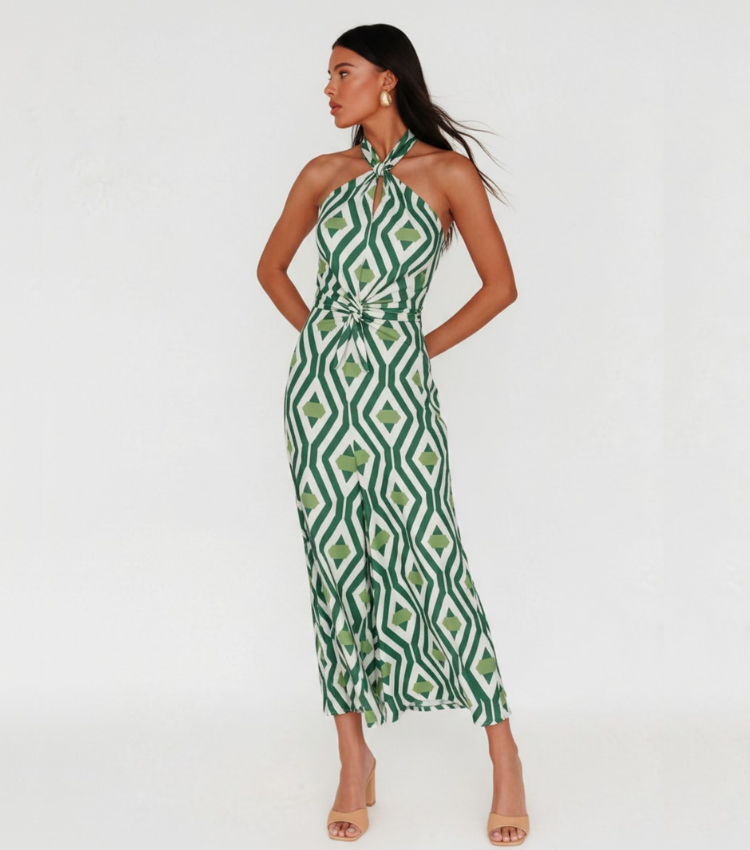 Geometric print halter neck dress