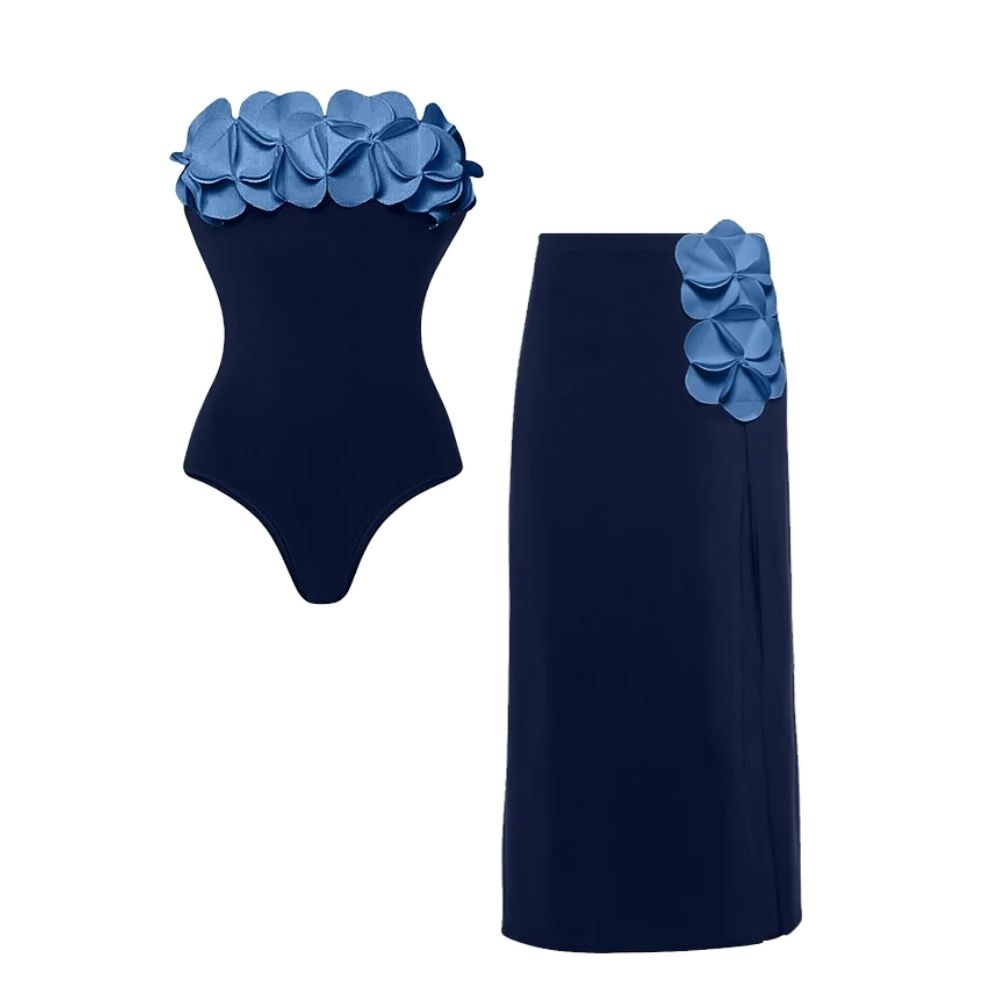 Bandeau 3D Flower One Piece Swimsuit and Skirt