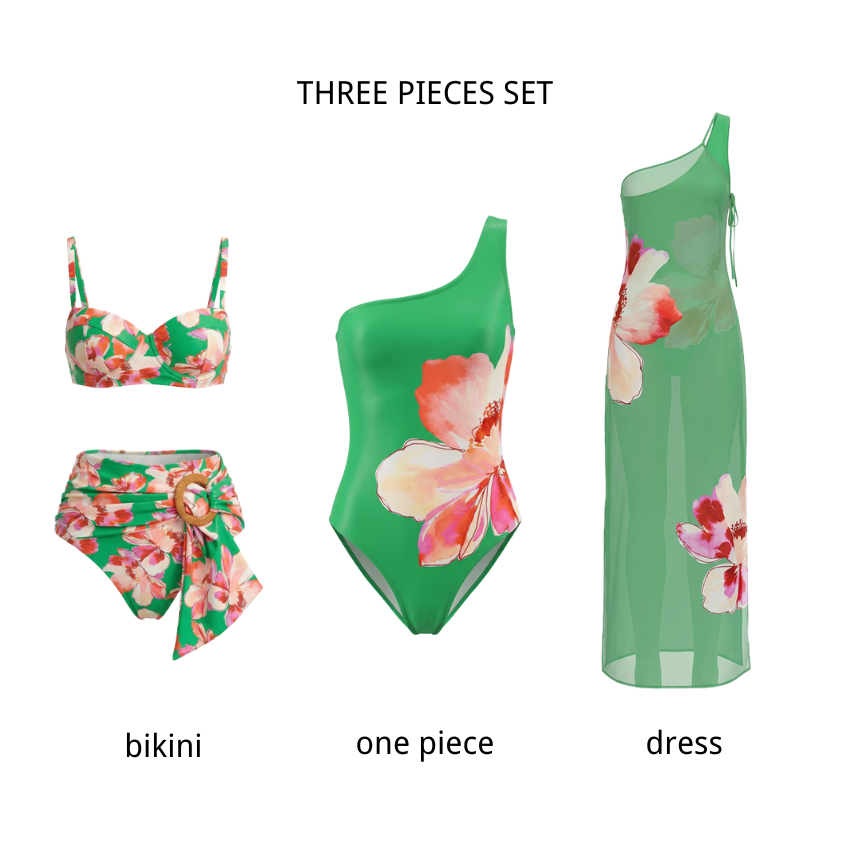 One Shoulder Green & Red Color Blocking Swimsuit Set(s)