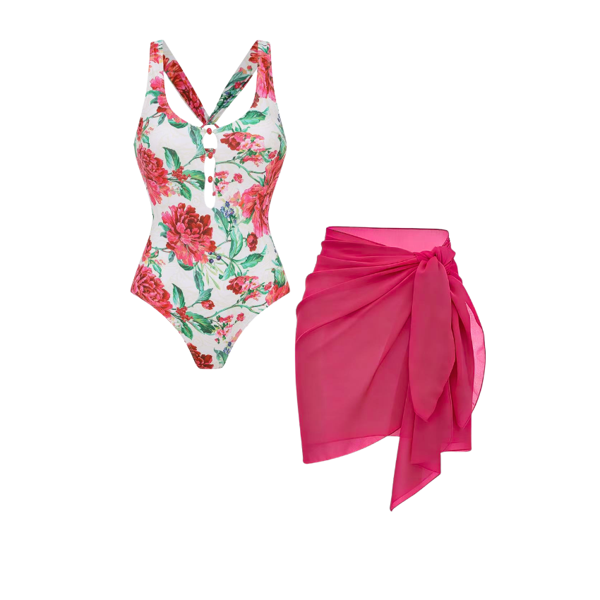 [Copy]Color-Blocked Blooming Flower Print Swimsuit Set(s)