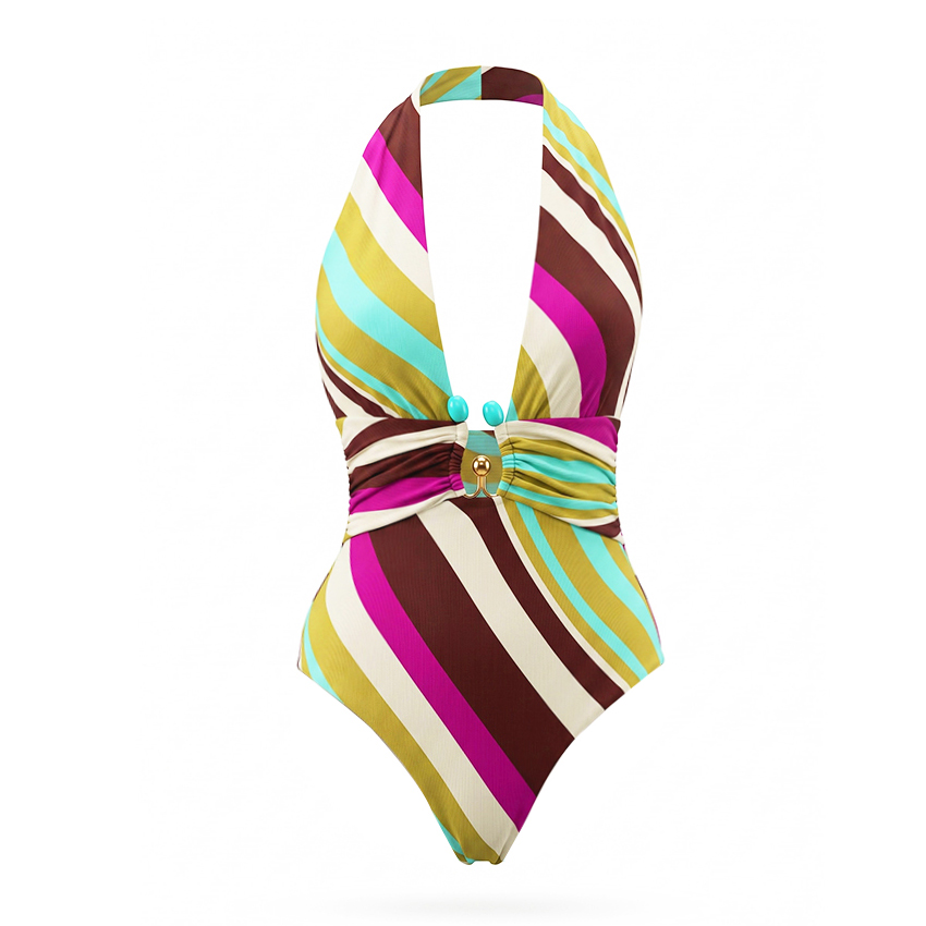 Halter Neck Colorful Striped Print Swimsuit Set(s)