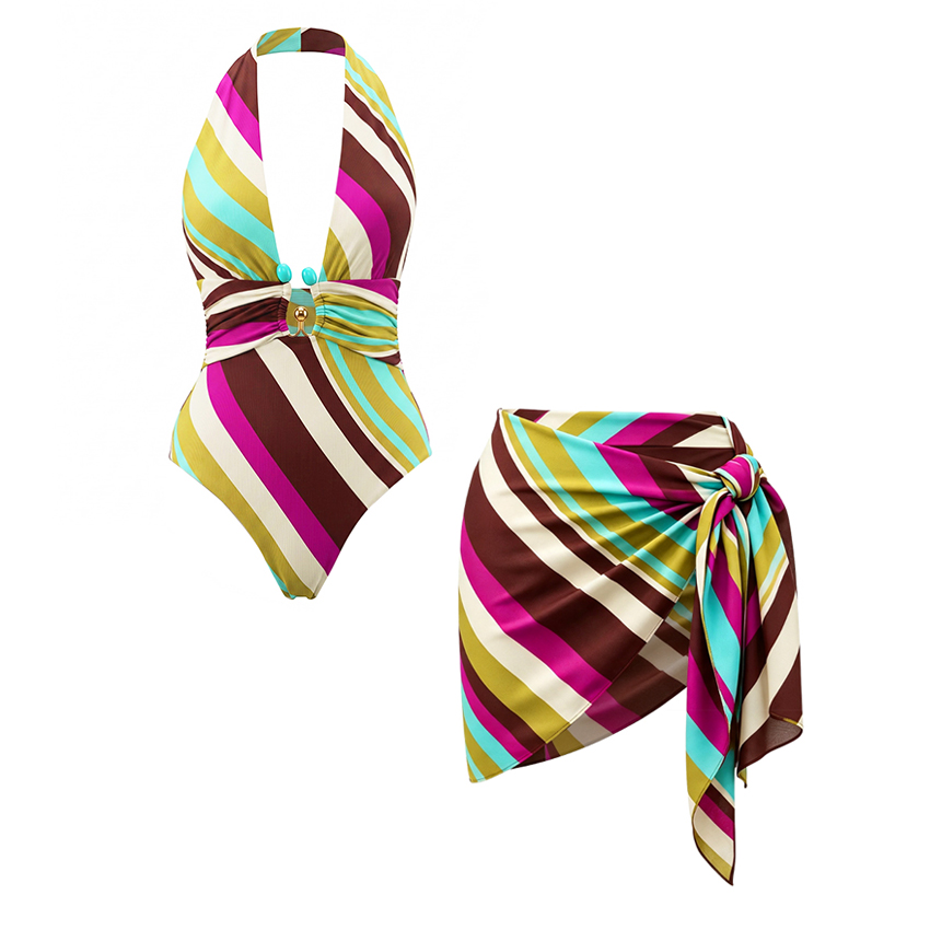Halter Neck Colorful Striped Print Swimsuit Set(s)