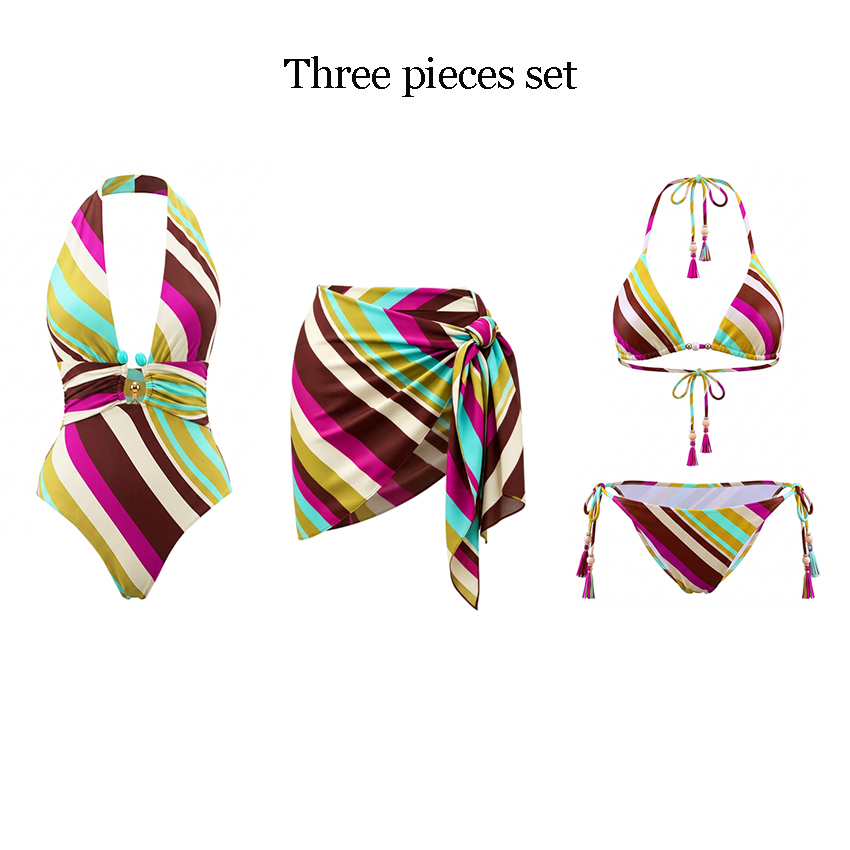 Halter Neck Colorful Striped Print Swimsuit Set(s)