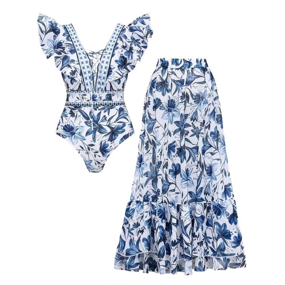 V Neck Ruffle Lace Up Printed One Piece Swimsuit and Skirt