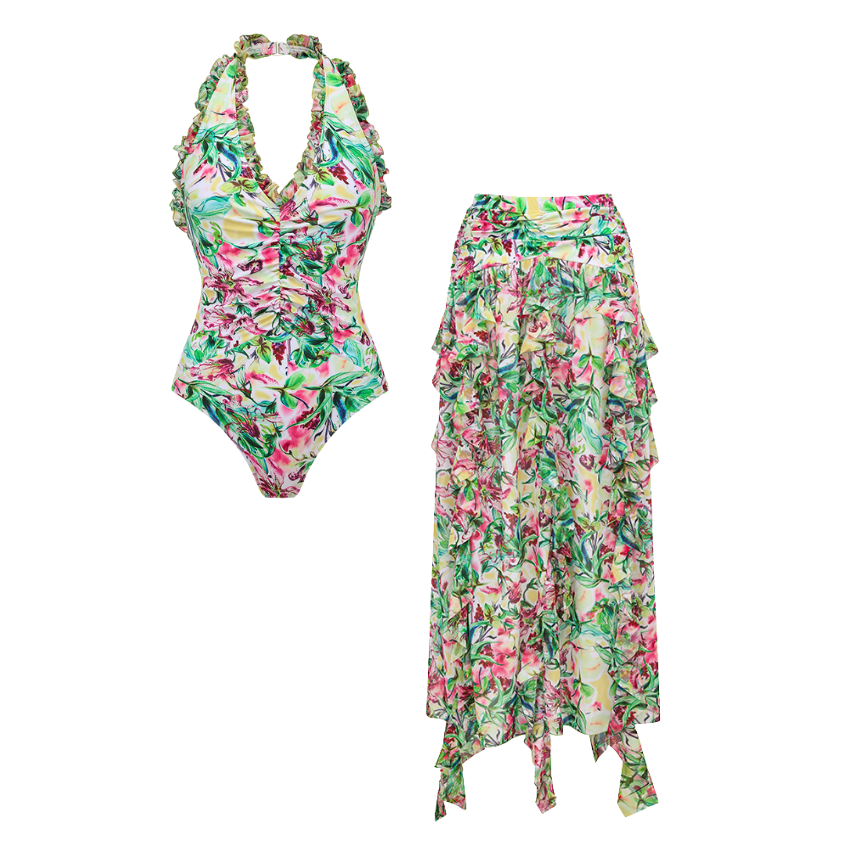 V-Neck Lily Print Swimsuit Set(s)