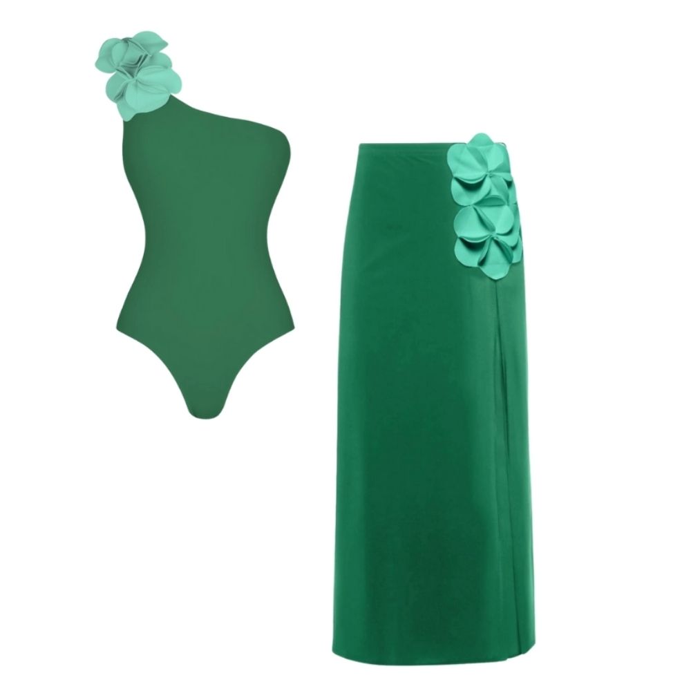 Oblique Shoulder 3D Flower One Piece Swimsuit and Skirt