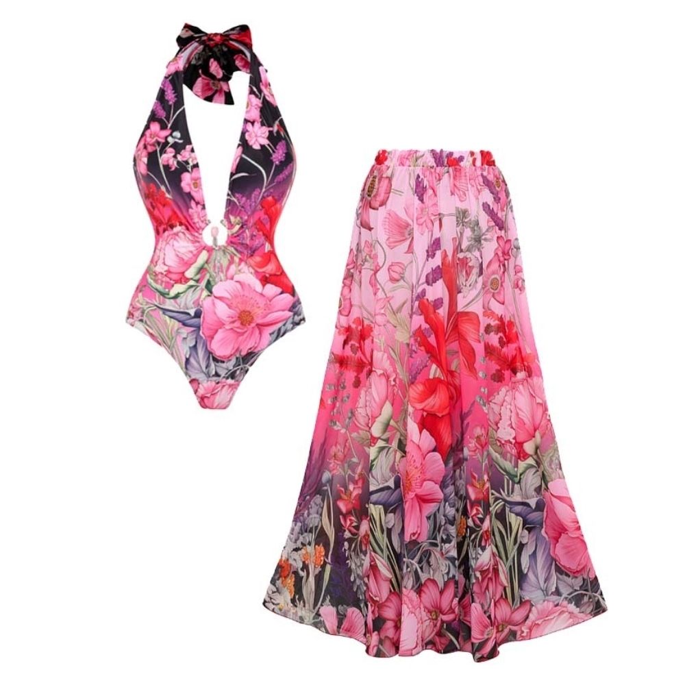 Deep V Neck Halter Printed One Piece Swimsuit and Sarong