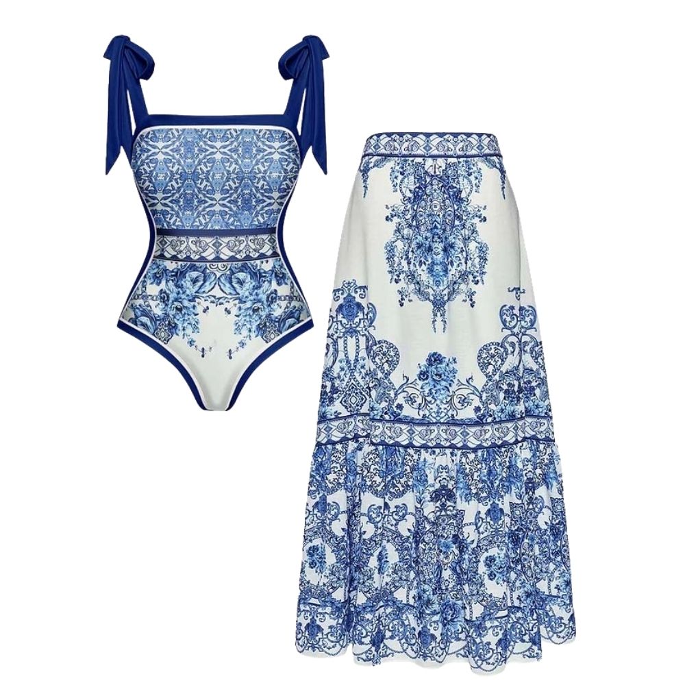 Blue and White Porcelain One Piece Swimsuit and Skirt