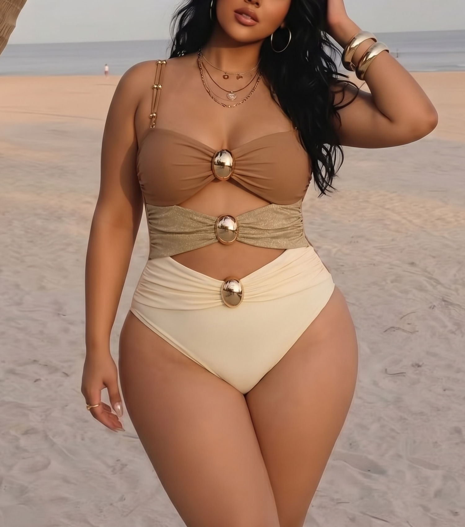 Plus Size Color Block Cutout One Piece Swimsuit and Sarong