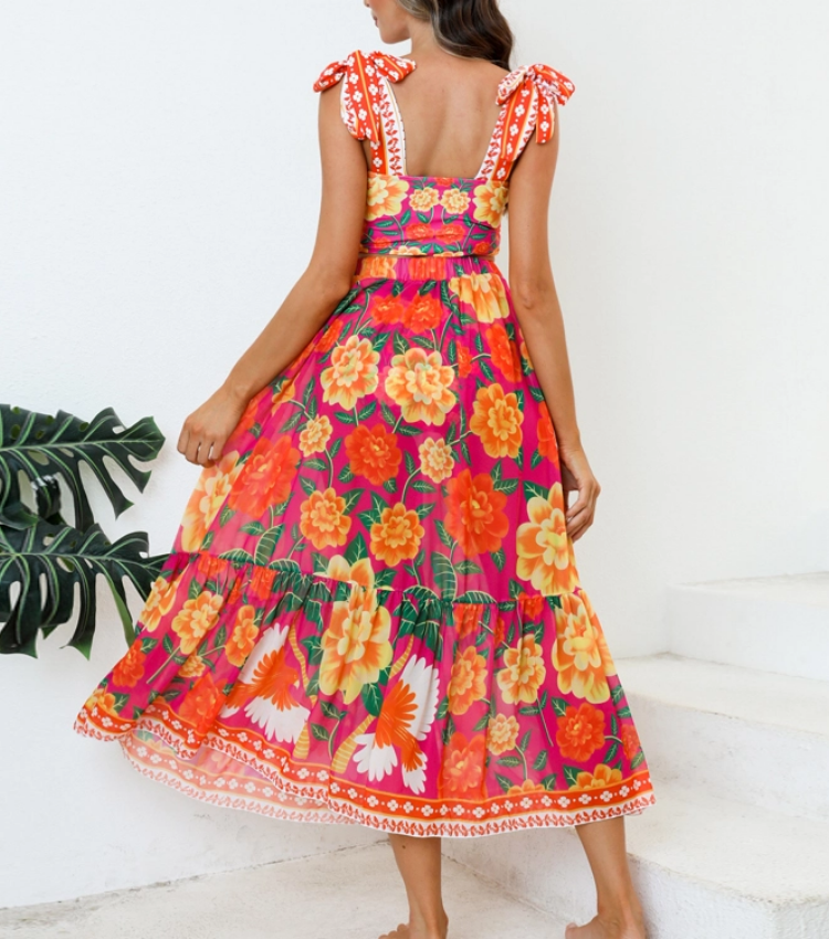 Tie-shoulder Flower Print Bikini Swimsuit and Skirt Flaxmaker