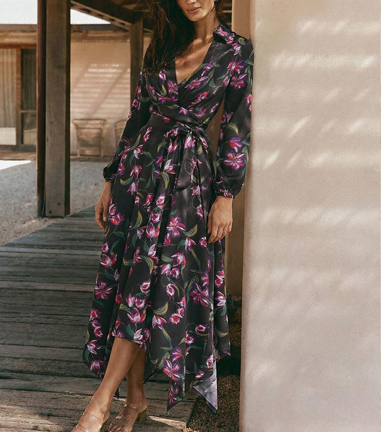 Asymmetrical Hem Printed Wrap Dress