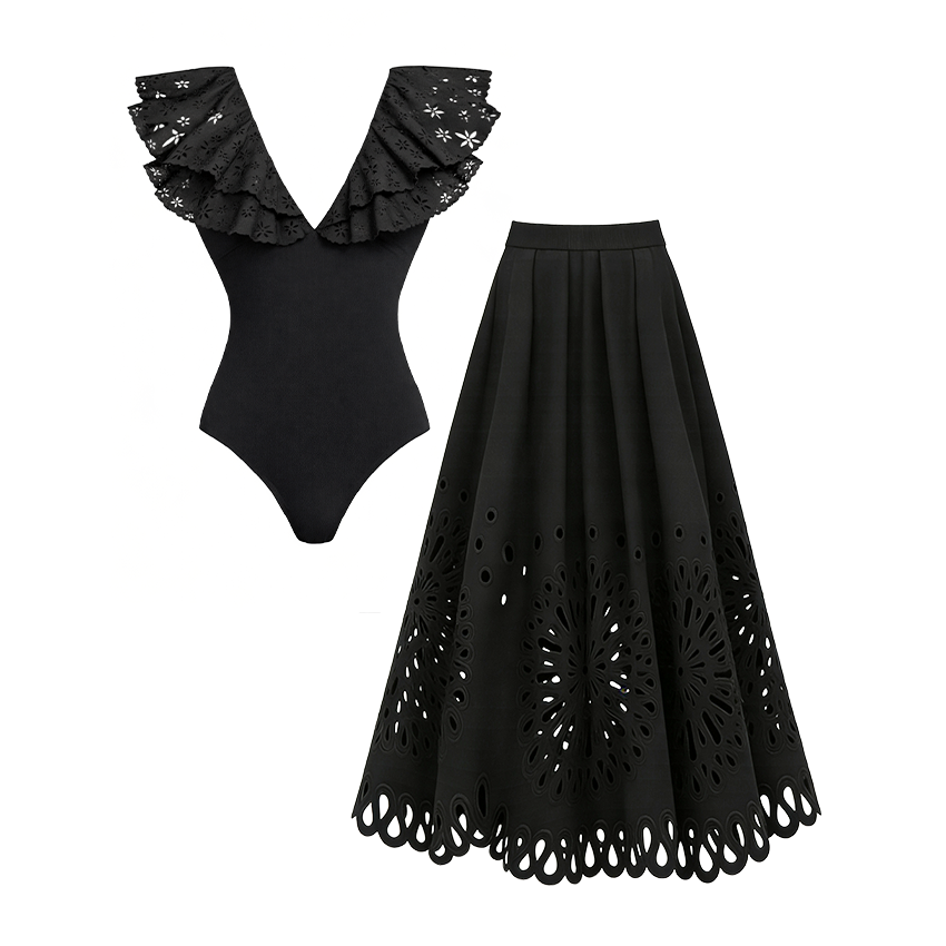 Black Laser Cutting Flower Hollow Swimsuit Set(s)