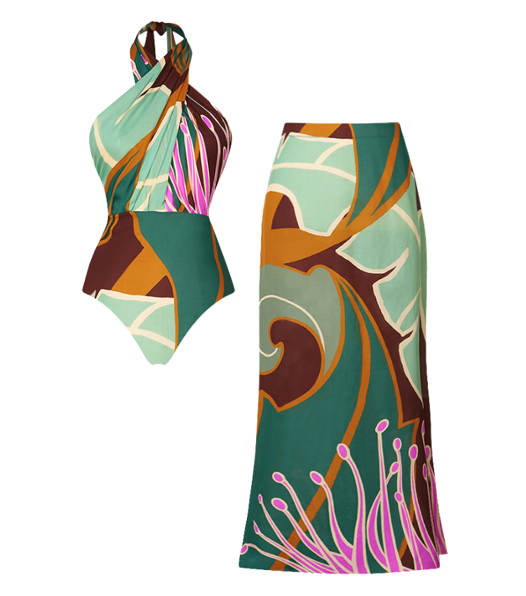 Halter Printed One Piece Swimsuit and Skirt Flaxmaker
