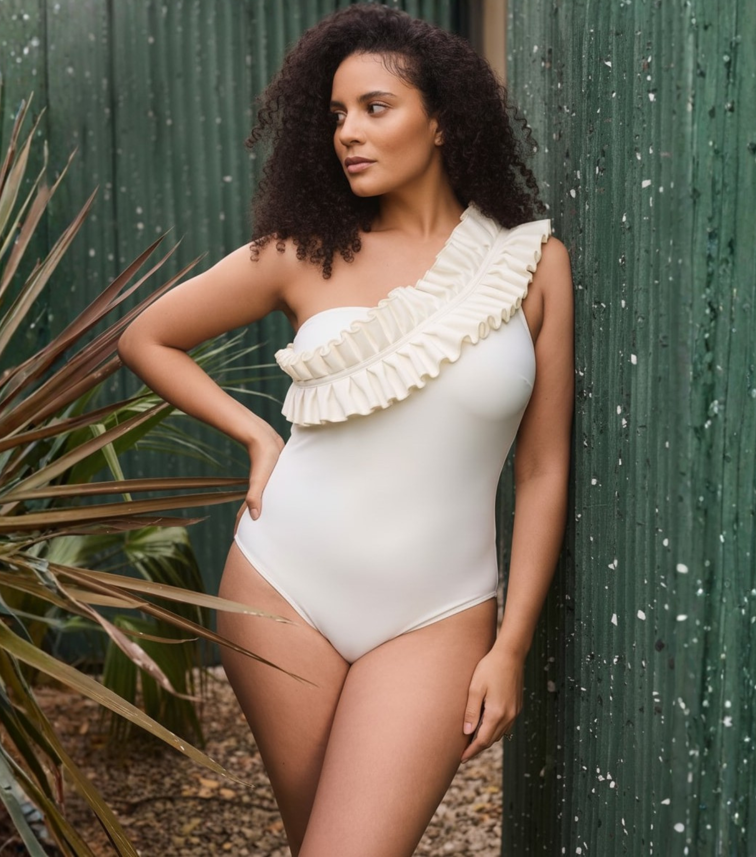 Plus Size One Shoulder Ruffle White One Piece Swimsuit and Skirt Flaxmaker